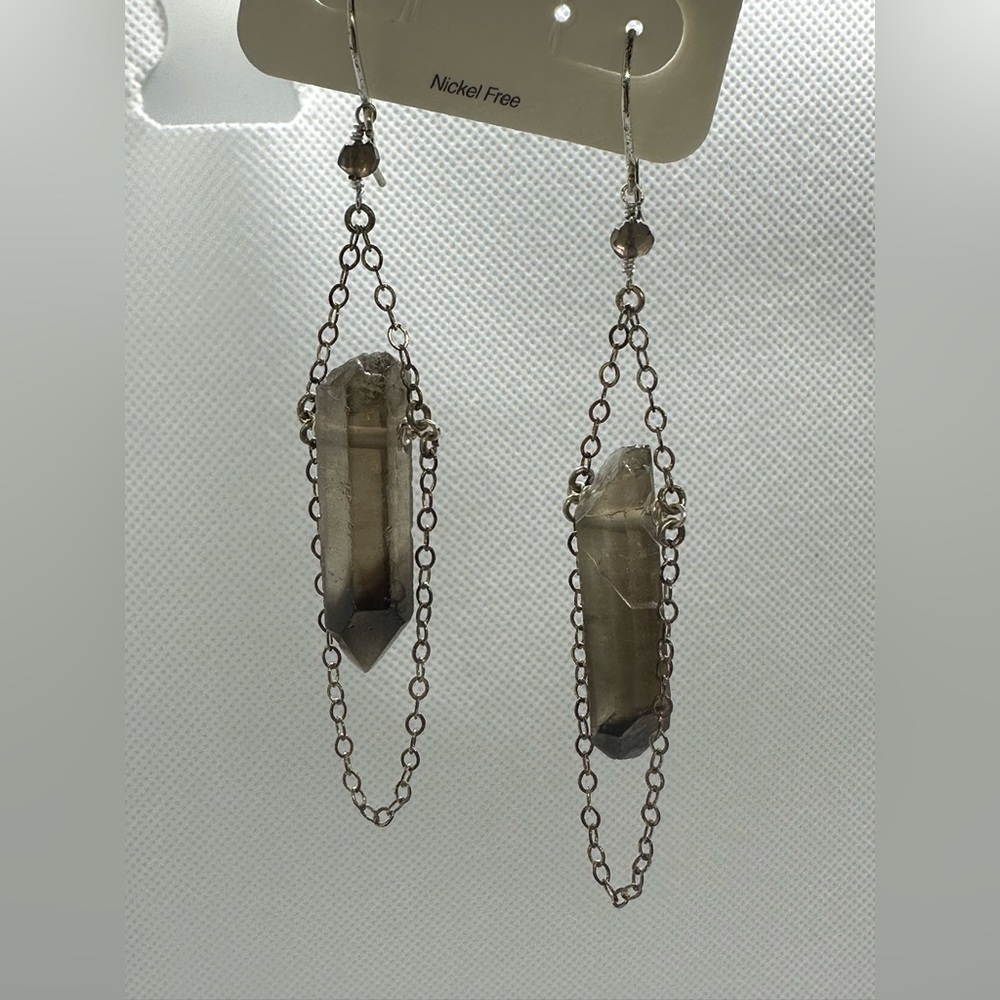 Raw Smoky Quartz Dark Crystal Healing Stone Dangle Chain Delicate Drop Earrings - Picture 4 of 6